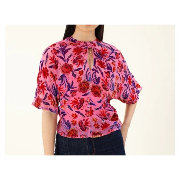 Hale Bob Top Medium Pink Floral Delyse Velvet Burnout Keyhole 3/4 Kimono Sleeves - Picture 3 of 11
